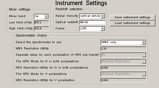 Instrument settings prepared for example 3.