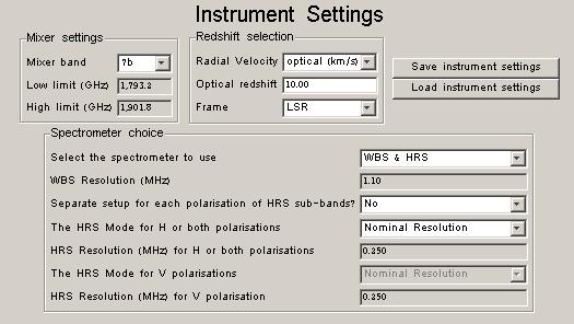 Instrument setup screen for Example 1.