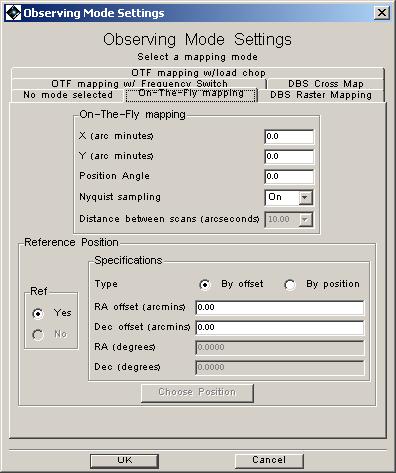 HIFI mapping mode selection. Here, the "On-the-Fly" scan mapping tab has been selected to show the options for the mode setup.