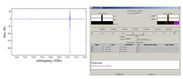 On the left is the spectrum from the spectral survey at a frequency shown in the HSpot AOT on the right. A strong spur is seen in the fourth WBS subband. In the HSpot window, the fourth subband of the WBS in the upper sideband is shaded in purple and a warning is shown at the bottom of the HSpot screen. The user may want to consider whether this is a good frequency setting for the observation and should avoid placing lines of interest in the region of the fourth subband of the WBS.