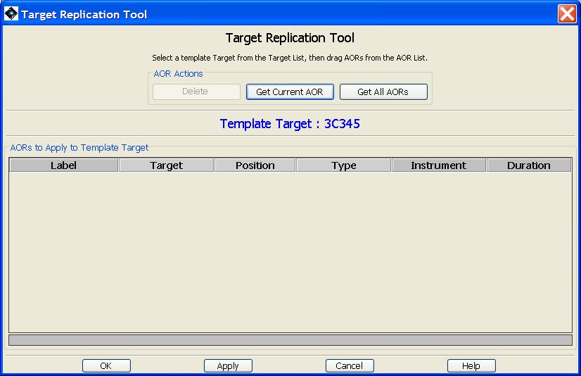 An example of replicating a target. Target 3C345 is selected from the Target List and the AORs that we wish to apply to this target are then dragged and dropped into the Replication Tool window.