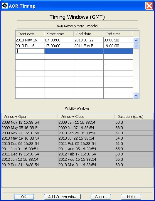 The Timing Windows dialogue with multiple visibility windows defined to cover a wide space of time.