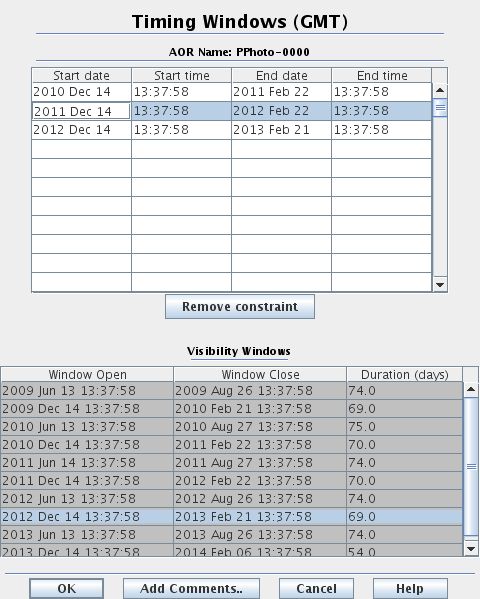 The Timing Windows dialogue allows entry of multiple timing constraints for an AOR. HSpot checks the visibility of the observation before you can set any timing constraints.