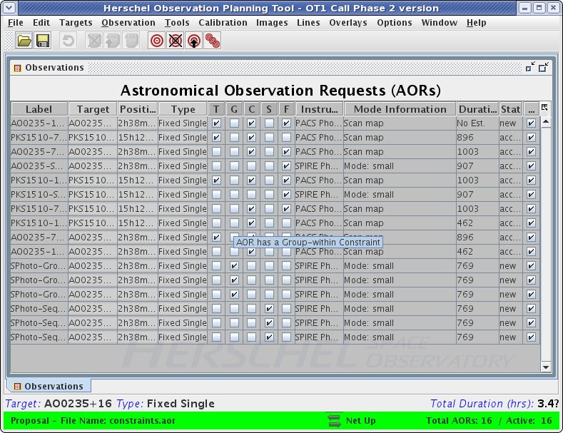 AOR listing in the observations table showing the ticked grouping checkbox in the "G" column for AORs in our Group-Within constraint.