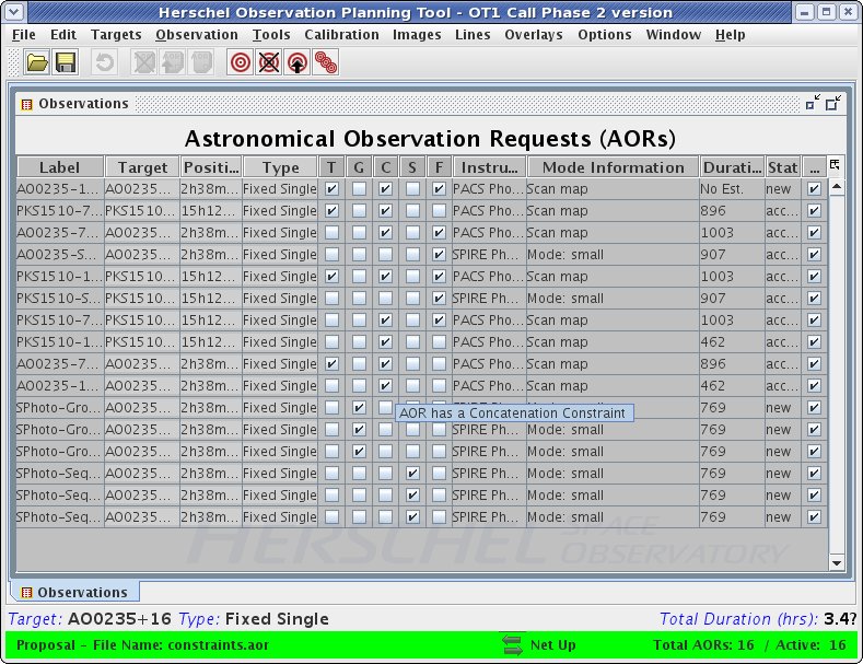 AOR listing in the observations table showing the ticked concatenation checkbox in the "C" column for AORs in our concatenated chain.
