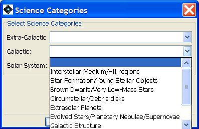 Proposal Submission Tool Science Categories shown inset. Select one of the types - Extragalactic, Galactic, Solar System - and then the sub-category that best describes your proposal. Shown is the pull-down menu for Extragalactic. Once chosen, the category appears to the right of the "Modify Science Category Inf..." button.