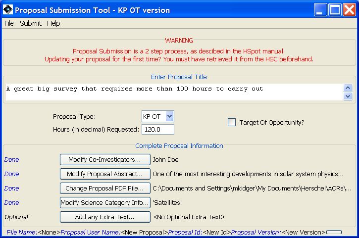 Proposal Submission Tool window after completion of all elements for submission.