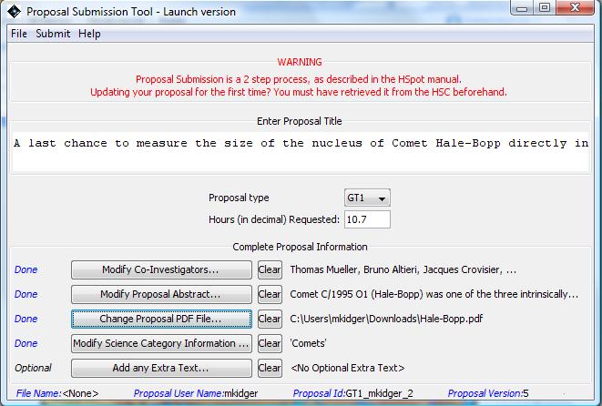 Successful proposal initial submission. The proposal username is identified on the bottom line of the window, but the proposal ID would remain blank.