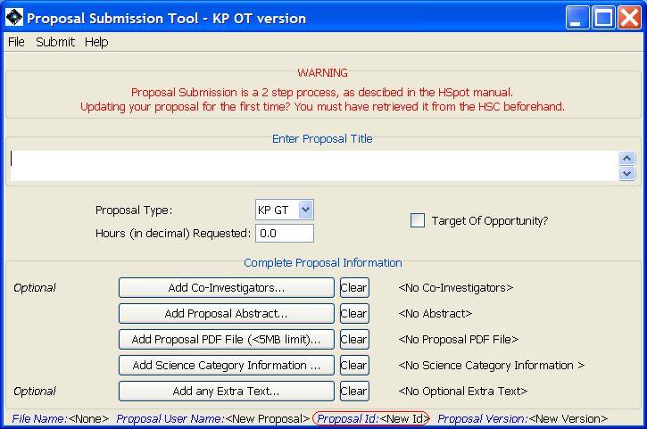 The Proposal Submission Tool window with the Proposal ID identified by being circled in red. When resubmitting a proposal, the Proposal ID must have been set correctly first by retrieving the proposal from the database and only then modifying the elements that need to be updated. If the Proposal ID is set to "New ID", as here, resubmission will fail with a server error.