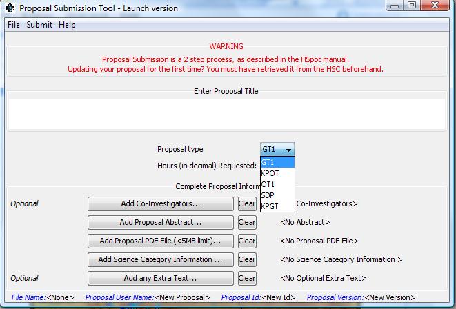 The proposal type can be chosen from the pull-down menu. For the initial call for proposals in February 2007 only the "KPGT" (Key Project Guaranteed Time) and "KPOT" (Key Project Open Time) options were activated, but for the GT2 or OT2 Calls you should schroll down and select "GT2" or "OT2" (as appropriate). Each stage the options will be updated with the relevant options for the Call that is active at the time (Open Time, Guaranteed Time, etc). Below this top area in the main window are buttons you can click to add information about the Principal Investigator (), Technical Contact, Co-Investigators, etc.