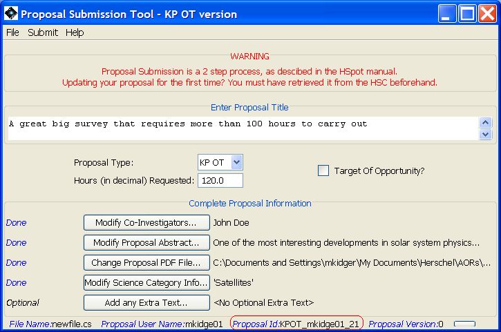 Successful proposal resubmission. The proposal is identified on the bottom line of the window.