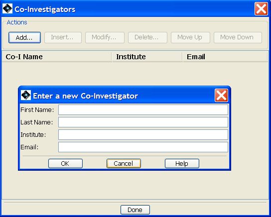 Proposal Submission Tool Co-Investigator window. Clicking on Add brings up the inset window for input of Co-I information.