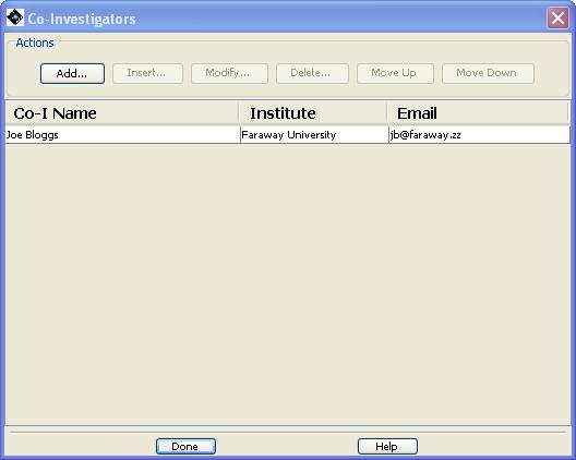 Proposal Submission Tool Co-Investigator window. Click on a name and the other action buttons become active.