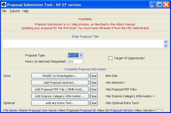 The Proposal Submission Tool Main Window after entering Co-Investigator information. The names of the first few Co-Investigators will appear to the right.