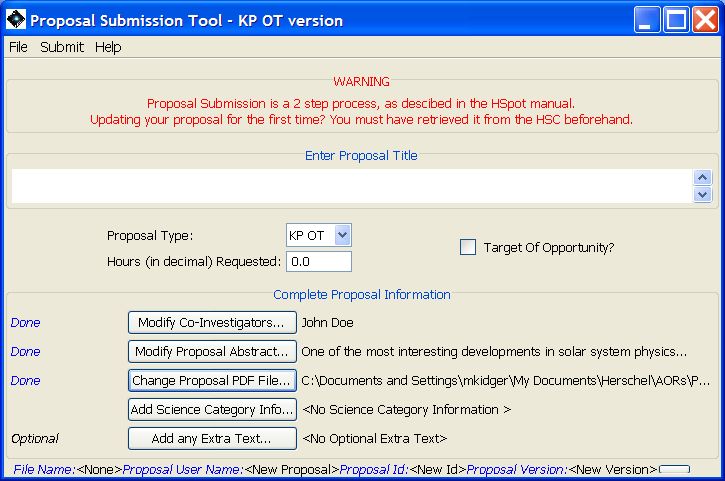 Part of the Proposal Submission Tool Main Window after adding the Scientific Justification file information to the proposal.