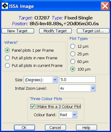 The dialogue box to produce a three colour image of the blazar OJ287. To produce an image of suitable size on screen a 5 degree field and 4x zoom have been defined. The "make this a 3 colour plot" box has been ticked and the 100 micron band image defined for the red frame. The "current fixed target" overlay has been used to identify the source with a small box.