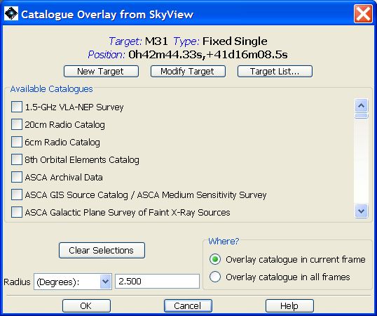 Clicking on the HEASARC catalogue overlay option allows 433 catalogues to be overlaid on the displayed image.