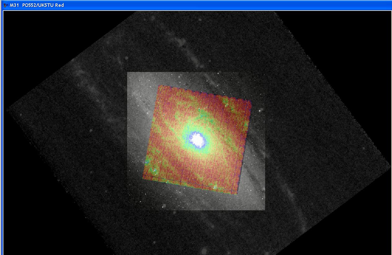 An more complex example of Image Overlays. An ISO-CAM image with a colourscale display and an MSX 8.28 micron image are overlaid on a 0.5 degree DSS Red image of M31.