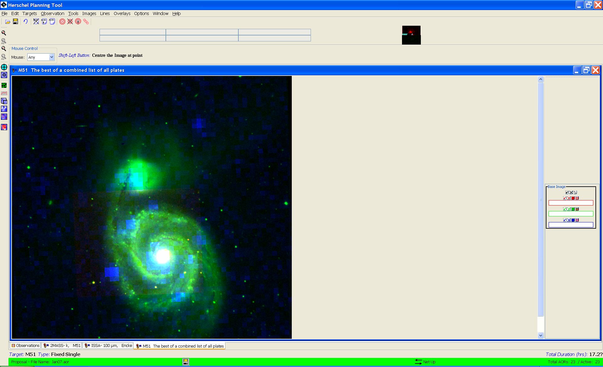 A three-colour composite image display for M51 - the DSS image is mapped into green, the 2MASS Ks image is mapped into red, and the ROSAT PSPC into the blue layer. Note that there is only partial overlap between the fields of view of the three images.