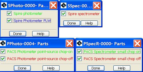 A selection of PACS and SPIRE AOR overlay control options. The user can select or deselect options to be displayed on screen to identify different elements of the AOR (e.g. the on or off position) and/or unclutter the screen.