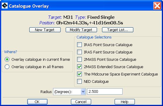 The dialogue for IPAC catalogue selection. Catalogue sources can be loaded into all image frames, or just the current image frame.