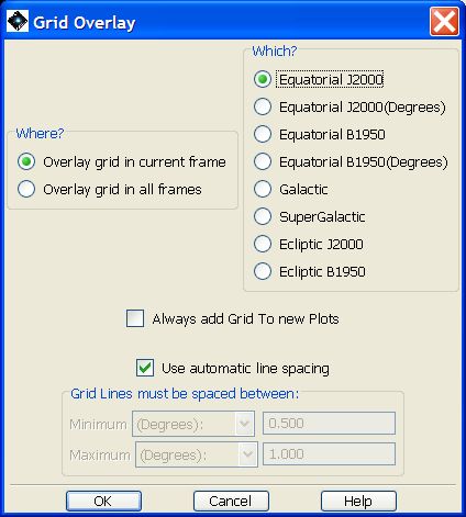 The grid overlay dialogue window. The default is to give automatic line spacing. If you untick this box you can define a spacing for the grid lines manually. The manual option is required for images that will be zoomed as the automatic grid does not adjust to an increasing zoom factor.