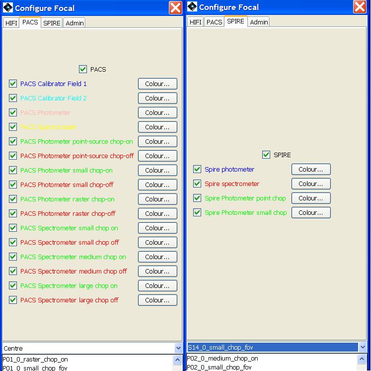 The pull-down menu to change the positioning of Focal Plane Overlay on the target. The default option is the field centre, but the user can specify with exactitude the observing mode to be displayed (for example, PACS with large chop) and centre the appropriate part of the Focal Plane overlay on the target to visualise the observation more exactly. Two examples, for PACS and SPIRE, are shown, side by side.