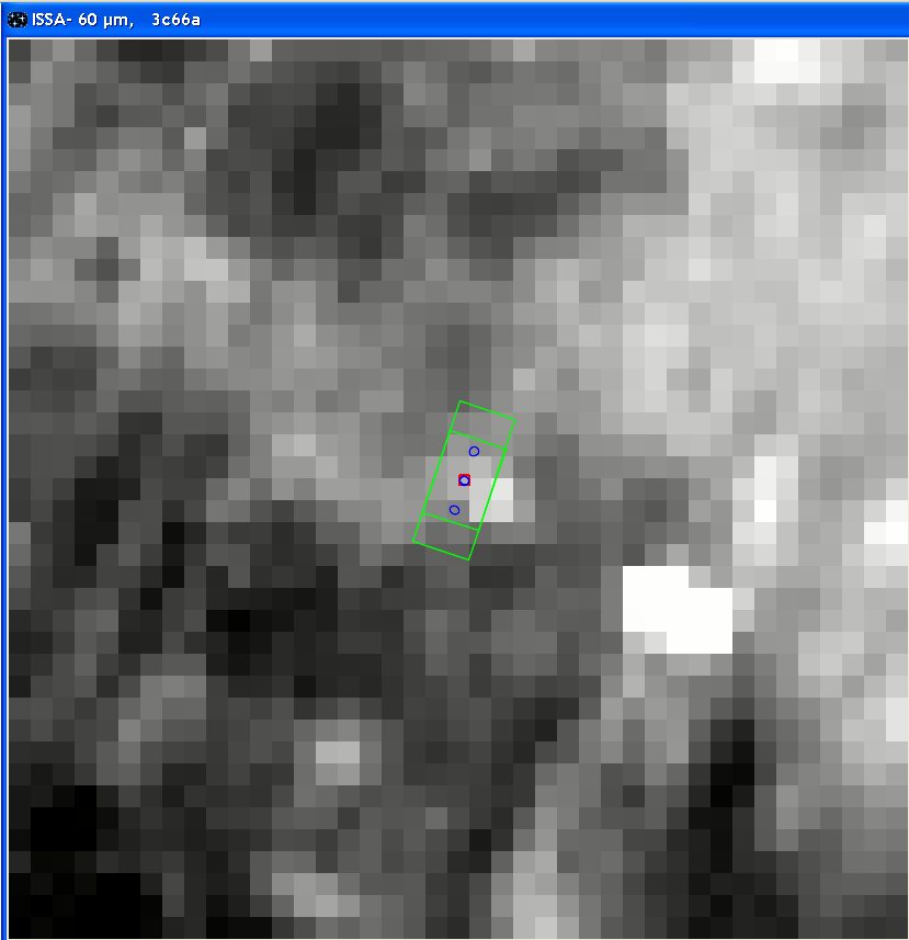 The same SPIRE point source photometry AOR for the blazar 3C66a superimposed on a IRAS 60 micron image. In this case we see that the two galaxies in the field are much brighter than our target and must be avoided in the off position.