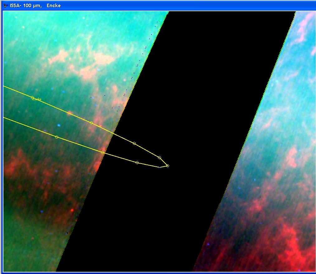 The displayed track of Comet 2P/Encke on an ISSA plate background. The number of points selected was 20. As in this case, you may find that the selected background has an inconvenient gap in data coverage.