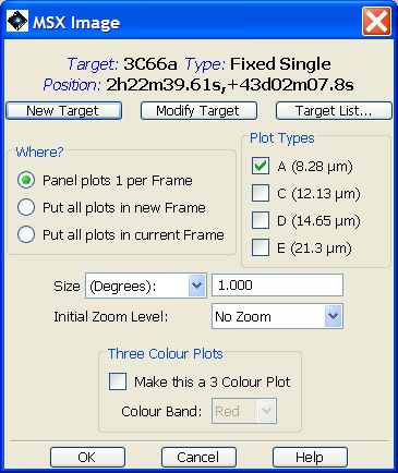 The dialogue that allows selection of MSX A, C, D, and E-band images for display in HSpot. You enter the size (360-5400 arcseconds, 6-90 arcminutes, or 0.1-1.5 degrees on a side) and the initial zoom level. There is a feature that allows the creation of three-colour (RGB) image composites.
