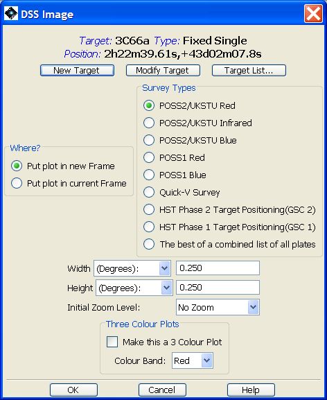 The dialogue that allows selection of DSS images for display in HSpot. You enter the size (0.016-0.25 degrees on a side) and the initial zoom level. There is a feature that allows the creation of three-colour (RGB) image composites.