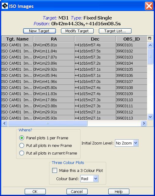 The listing of the images available from the ISO archive for the sample target (M31).