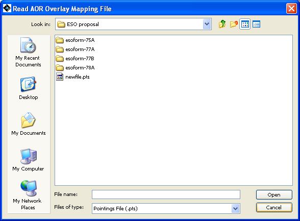 The dialogue for obtaining a previously saved set of pointings for overlaying on the current image.