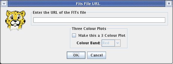 The image selection dialogue for reading in a FITS file from a URL. You can also combine several images from different URLs to form a three-colour RGB image.