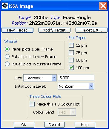 The ISSA dialogue that allows selection of IRAS images for display in HSpot. You may select 12, 25, 60, and/or 100 micron images. Three choices for how the images are displayed are available from the "Where?" box. You enter the size (1-12.5 degrees on a side) and the initial zoom level.