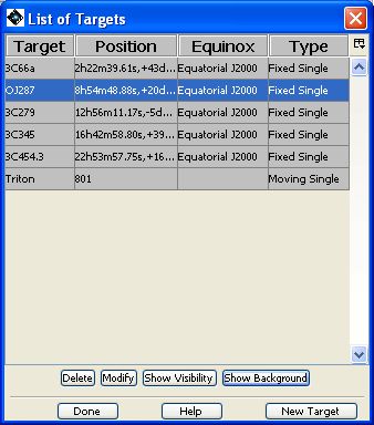 Target list dialogue showing the "Show background" button for displaying a previously calculated background estimate.