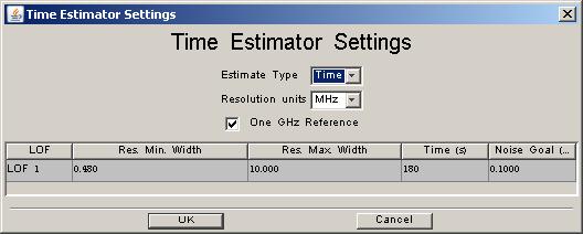 HIFI time estimator settings window.