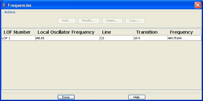 The Frequencies window where HIFI frequency settings are displayed. In this case the frequency setting for a CS 10-9 molecular emission line observation is displayed. Modification of this setting can be obtained by clicking on the line and hitting the "Modify" button in the window.