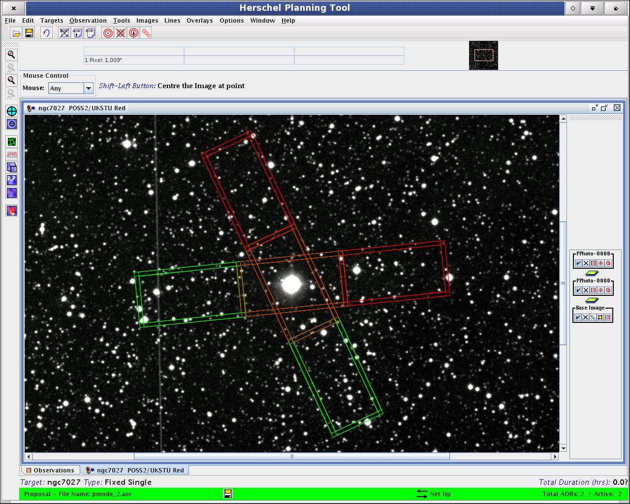 PACS "Small-source photometry" observation shown overlayed on a DSS background image of NGC7027. The choper off-positions are shown in red, the two footprints correspond the borders of the object visibility window respectively.