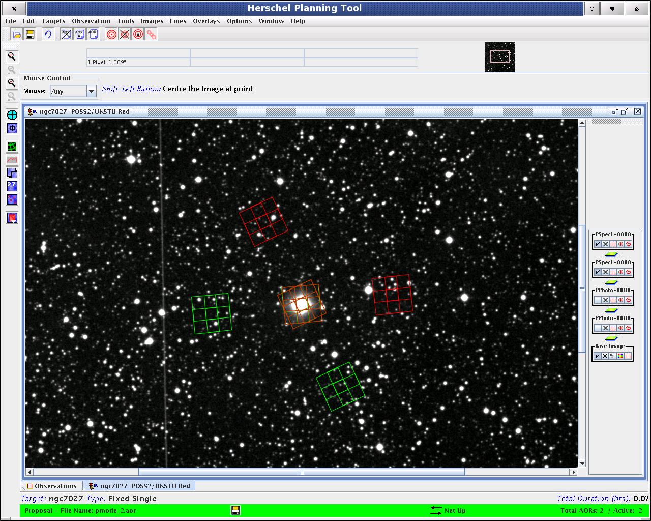 PACS Line Spectroscopy "Mapping" observation is shown overlaid on a DSS background image of NGC7027. The chopper off-positions are shown in red. The two footprints correspond to the beginning and end of the object visibility window.