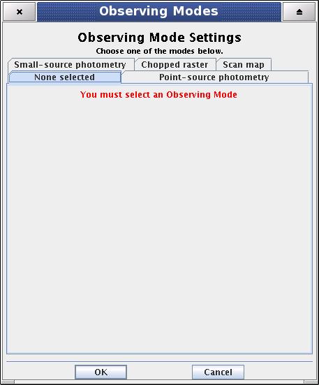 The Observing Mode Settings window in its start-up status