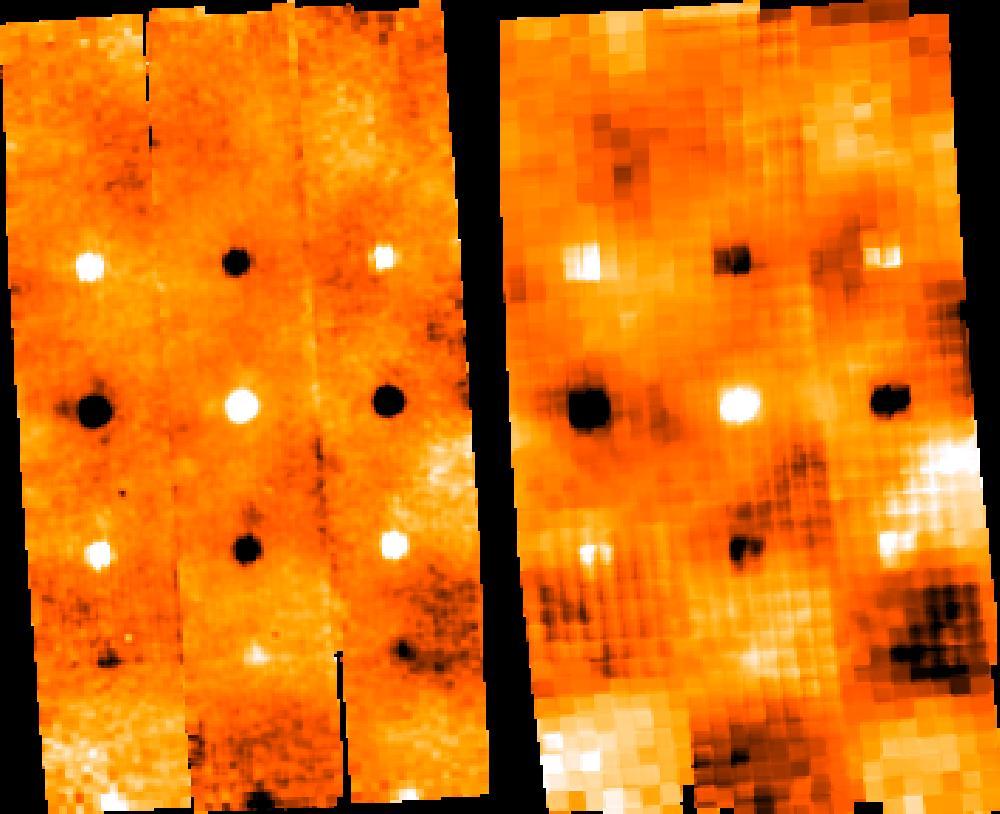 The browse product for the first scheduled science images taken of a Solar System Object (SSO) made by Herschel. These are OBSIDs 1342183654 (top, 100 microns left, 160 microns right) and 134218365 (bottom, 70 microns left and 160 microns right) of Pluto, made for AOTVAL_thmuelle_2, starting at 17:01:46UT and 17:30:17UT on September 11th 2009 in Point Source Photometry mode. We see the pattern of negative and positive images from the chop/nod cycle on the individual photometer matrices, which must be combined to give the final image and photometry.