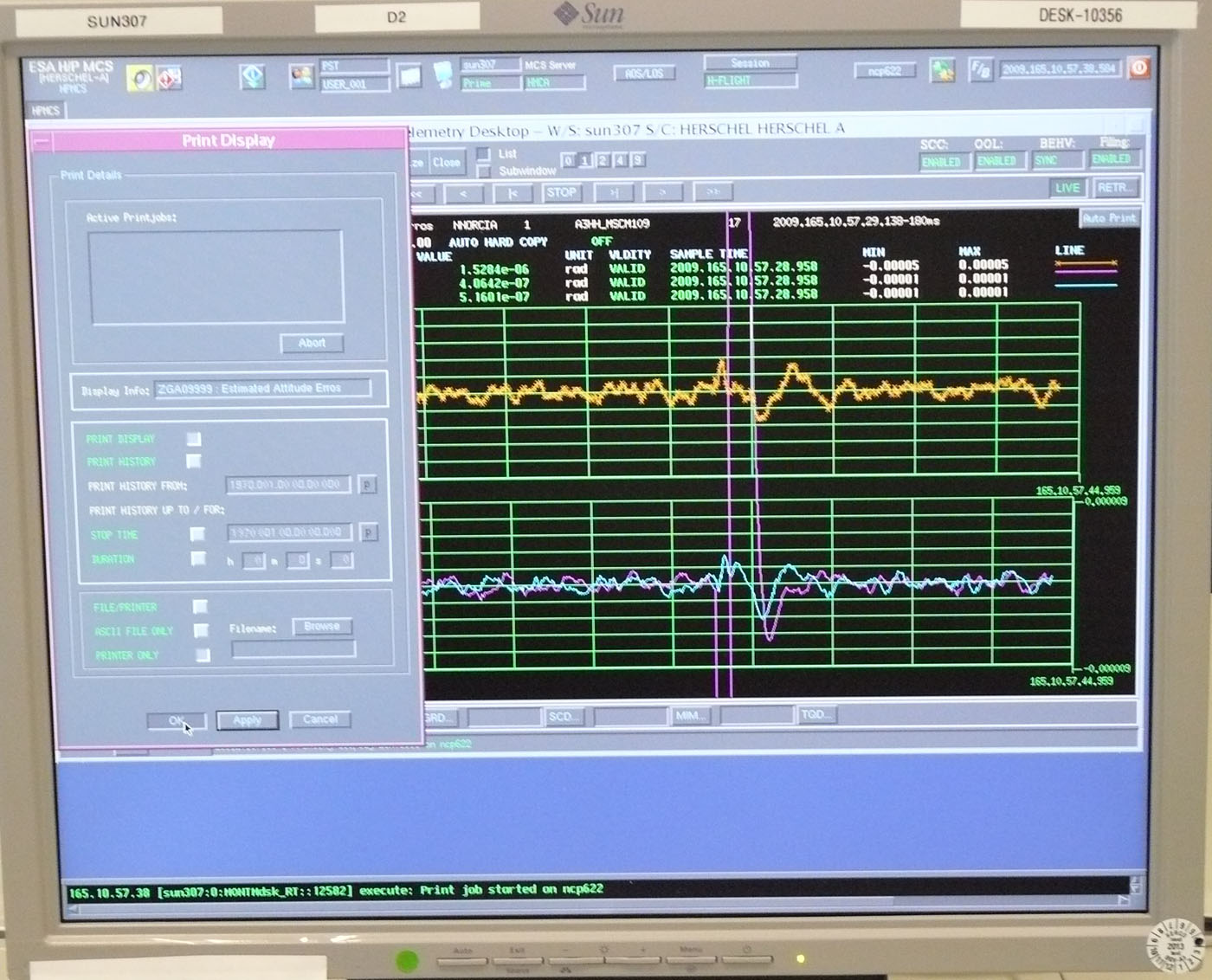 The telemetry received at MOC showing the oscillation in gyro response measured by the current to the gyros as the heavy cryocover swung open and oscillated, causing the entire satellite to wobble slightly until it had reached a stable open position. The large oscillation seen in this gyro signal (marked by the mauve coloured vertical lines on the monitor screen), showing the gyros activating to stabilise the satellite orientation, was the first evidence that the cryocover opening had been carried out successfully. Five or six oscillations occurred before the spacecraft stabilised completely again.