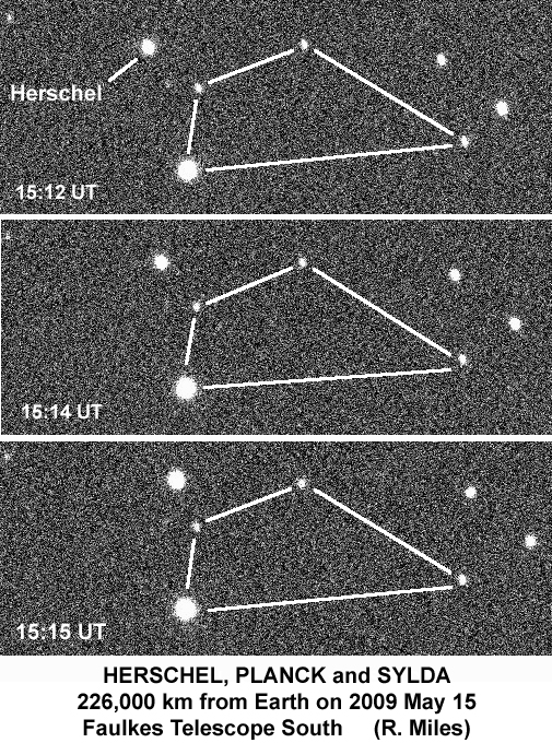 A sequence of images taken by British amateur astronomer Richard Miles using the 2-m Fawkes South Telescope in Australia, of Herschel (right), Planck (left, incorrectly labelled as Herschel) and the Sylda between the two, 26 hours after launch, at approximately half the distance to the Moon. These were the first observations of the Herschel-Planck constellation to be reported. The movement of the three relative to the stars in the three minutes between the first and last image is quite obvious.
