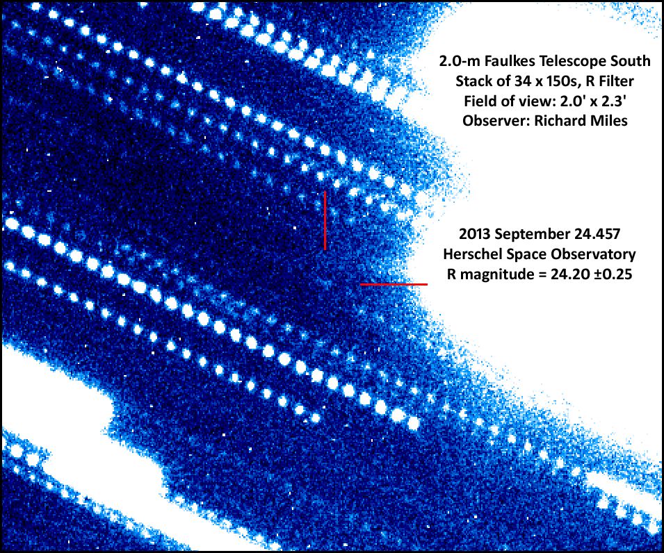 The last ground-based image of Herschel taken to date after passivation. This image was obtained on 2013 September 24 by British amateur astronomer Richard Miles, with the 2.0-m Fawkes South Telescope at Siding Spring. The total exposure is 85 minutes in very good seeing, made of 34 individual 150s exposures, tracked on the predicted motion of Herschel. Even in such a deep exposure, taken in good conditions, Herschel is right at the limit of the capabilities of this telescope.