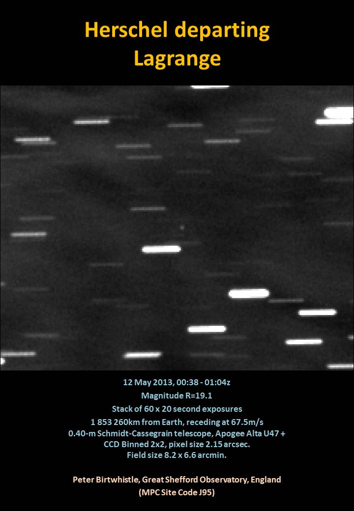 Herschel departing Lagrange, observed from Earth 17h before the main burn started. This image was taken on May 12th 2013, by British amateur astronomer Peter Birtwhistle, from Great Shefford Observatory (Minor Planet Center site code J93), approximately 90km west of London, using a 40cm reflector. The image is the sum of 60 individual exposures of 20s each, stacked on the motion of Herschel. The field of view is 6.6 arcminutes wide by 8.2 arcminutes high.