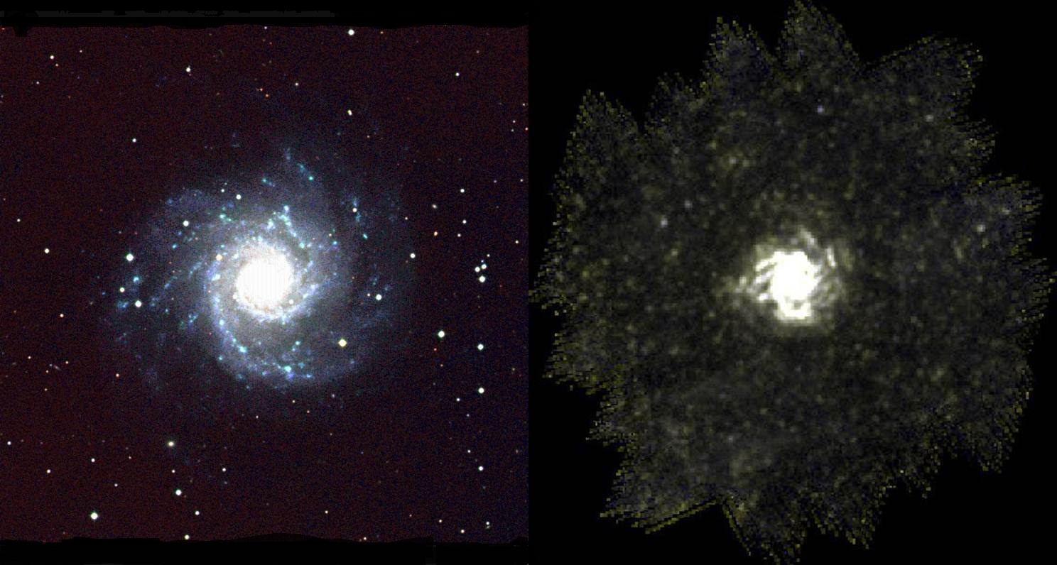The SPIRE First Light image of M74 (NGC 628) combined as an RGB image (B=250 microns, V=350 microns, R=500 microns), obtained on 2009 June 24, compared with a Palomar Sky Survey RGB image on the same scale (blue layer = B, green layer = R, red layer = I) to show the comparison between the SPIRE first light image (right) and the Palomar Observatory Sky Survey image (left). This comparison shows where the star forming regions of the galaxy, bright to Herschel, are situated.
