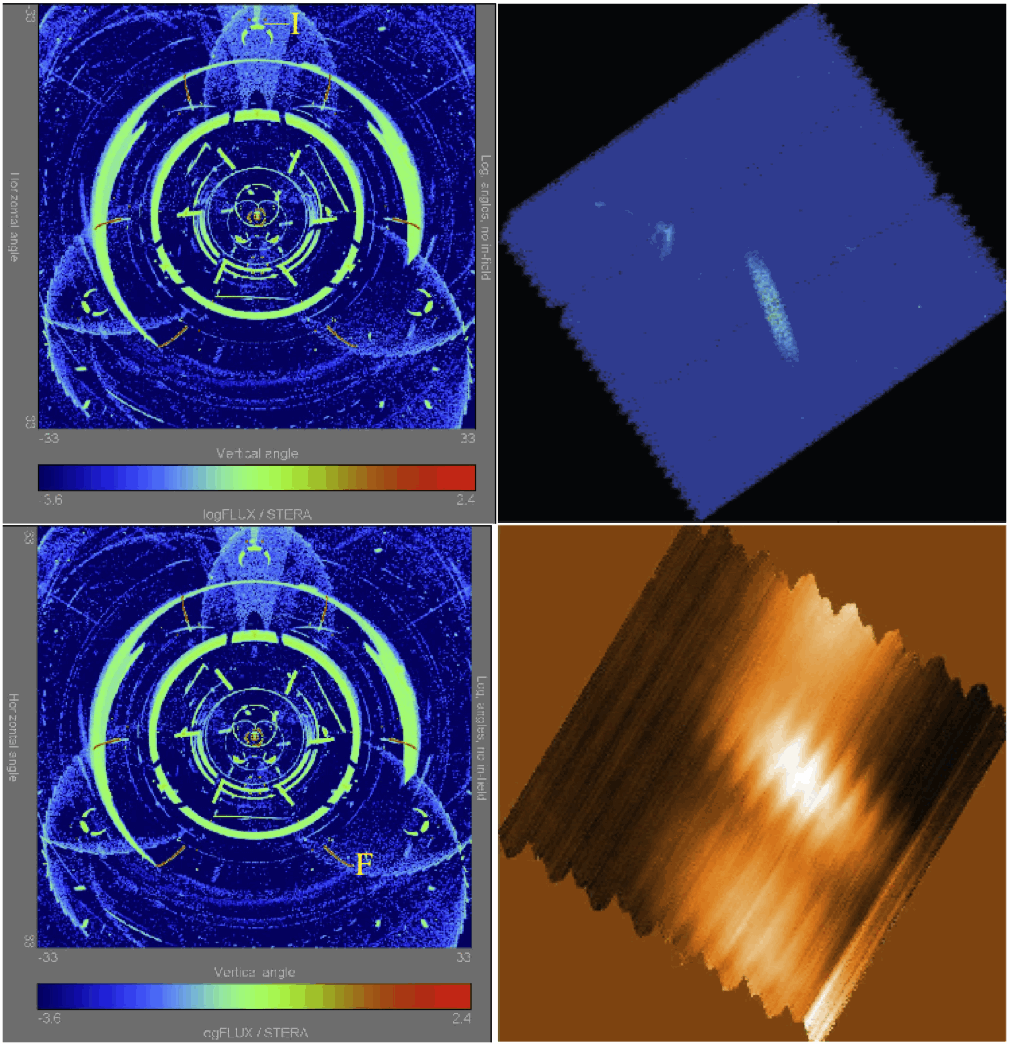 Comparison of straylight optical models produced by M. Ferlet (priv. comm.) and observational results. In the top row, a Herschel observation has been planned with Jupiter in position 'I', while in the bottom row the Moon has been placed in position 'F'. In both cases, there is a very good agreement between the model prediction and the straylight results.