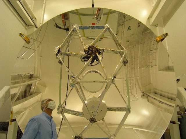 The Herschel telescope flight model seen in the clean room at ESTEC, prior to transport to Kourou.