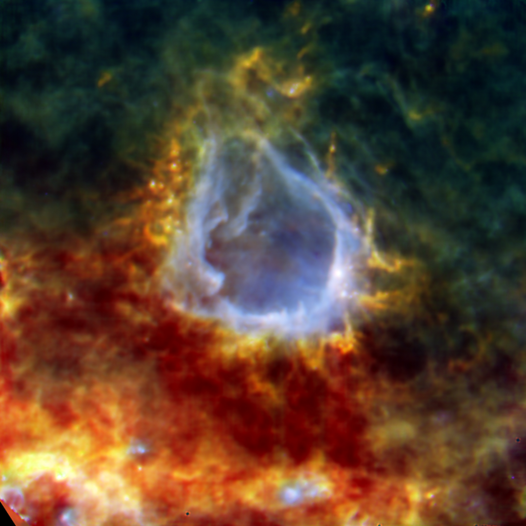 Nebula RCW 120 in Scorpius, observed with PACS and SPIRE on 23 April 2010. This RBG image uses the PACS 100 and 160 micron bands for B and G respectively and SPIRE for the R. A giant star forming in the centre is blowing away the surrounding gas and dust to form the bubble.